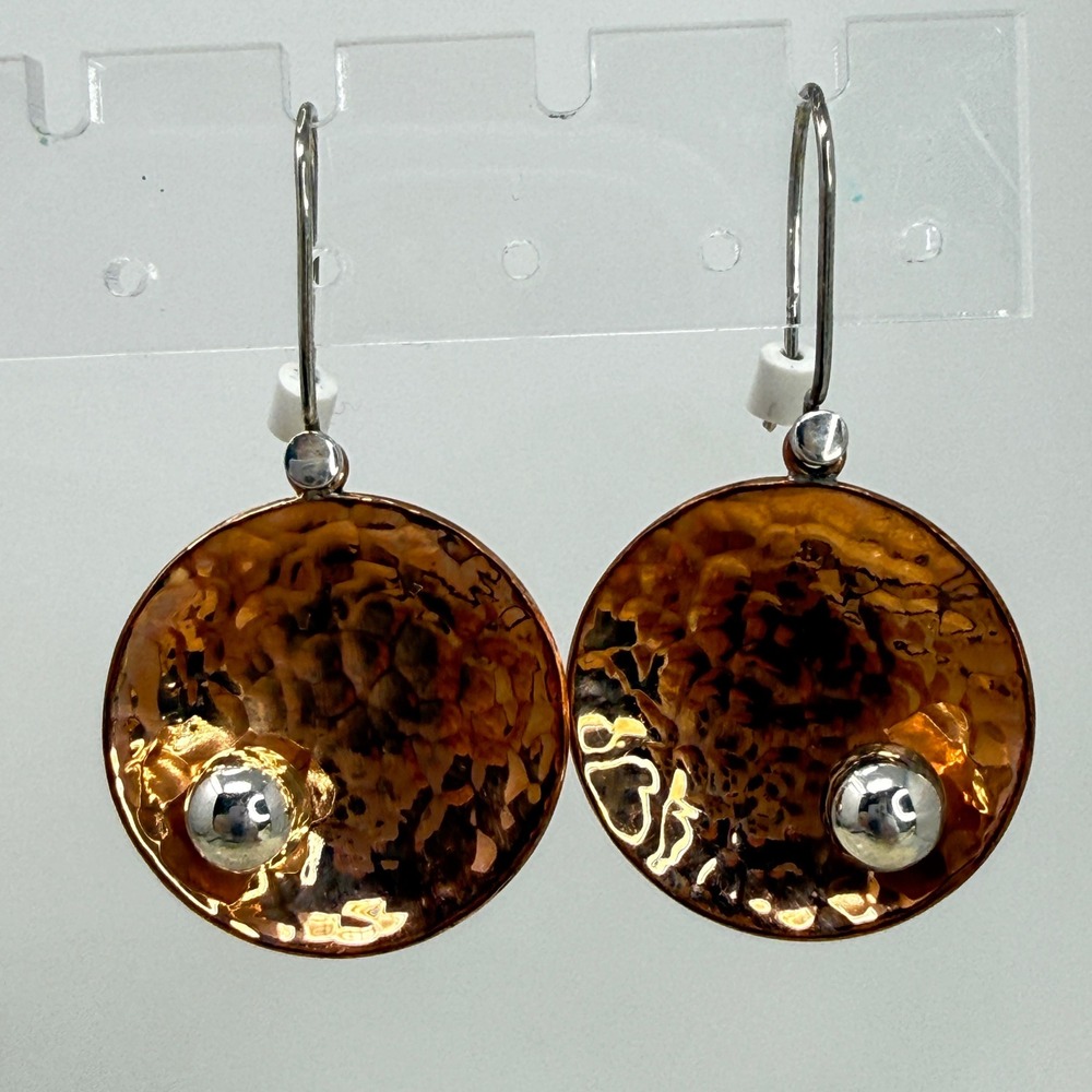 Artisan Hammered Copper‎ Orb Earrings Brutalist Modern Signed